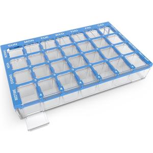 EZY DOSE Weekly (7-Day) Pill Organizer, Vitamin and Medicine Box, Medium Compartments with Easy Fill Tray, 4 Times a Day, Clear Lids, BPA Free