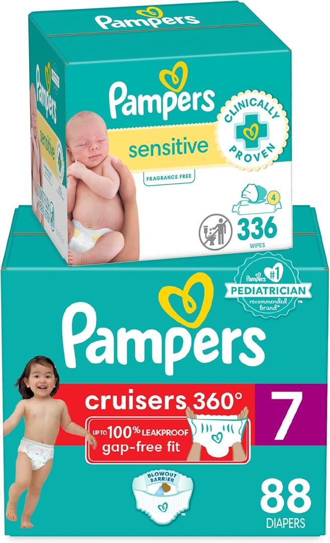 Diapers Size 7, 88 Count and Baby Wipes - Pampers Pull On Cruisers 360 Fit Baby Diapers with Stretchy Waistband, ONE MONTH SUPPLY with Sensitive Wipes, 6X Pop-Tops, 336 Count (Packaging May Vary)