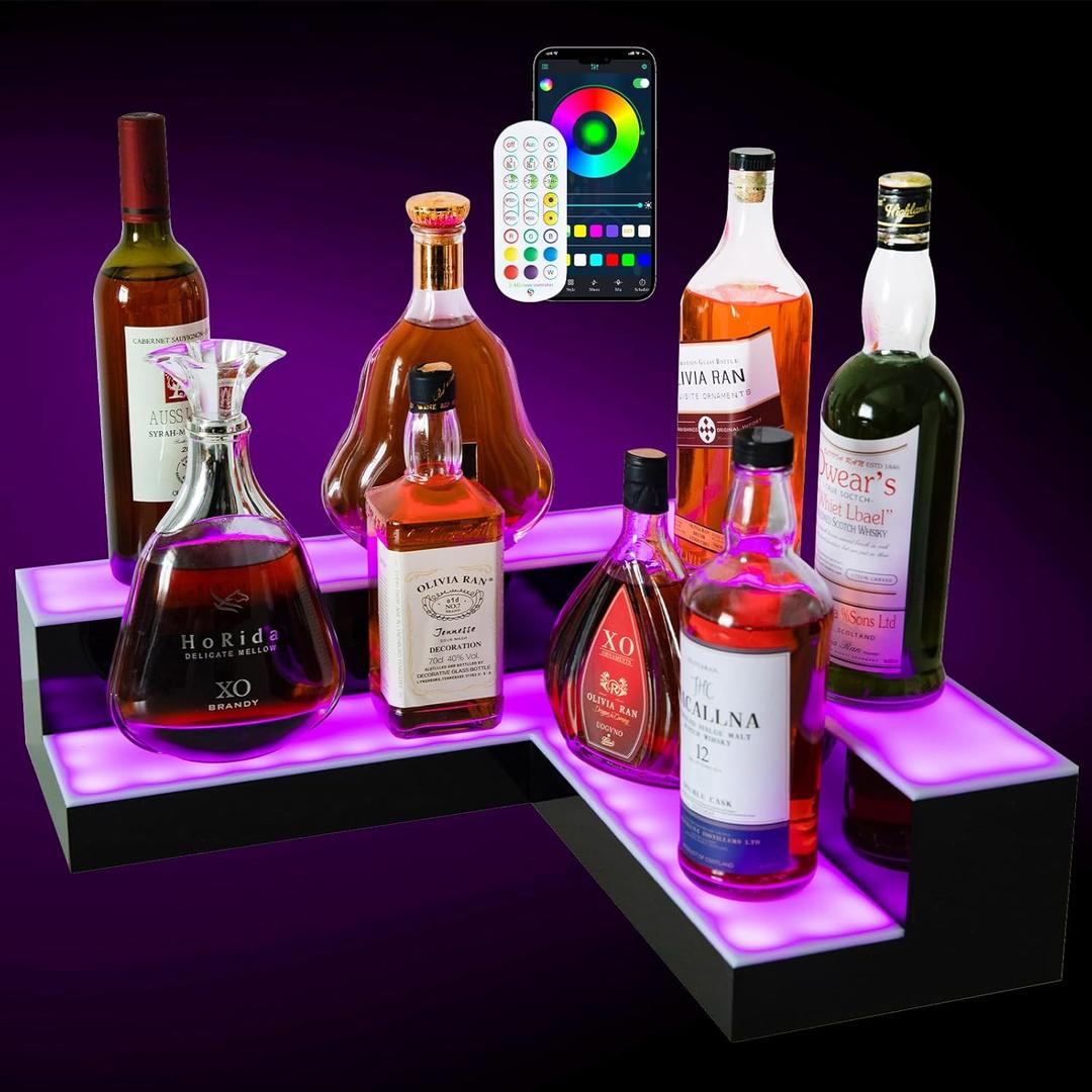 Corner Led Lighted Liquor Bottle Display Shelf, 20 Inch 2 Tier Whiskey Rack, Support USB, Bar Stand with RF Remote & App Control, Illuminated Acrylic Lighting Shelves for Home Bar, Party