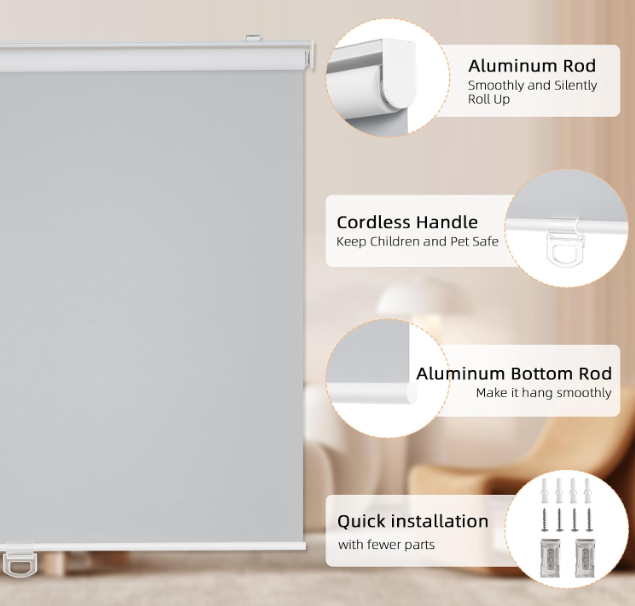 ChrisDowa Cordless Blackout Roller Shades for Windows, Thermal Insulated UV Protection Pull Down Shades, Total Blackout Window Blinds for Home, Office, Bedroom, Door (58" W x 72" H, Grey)