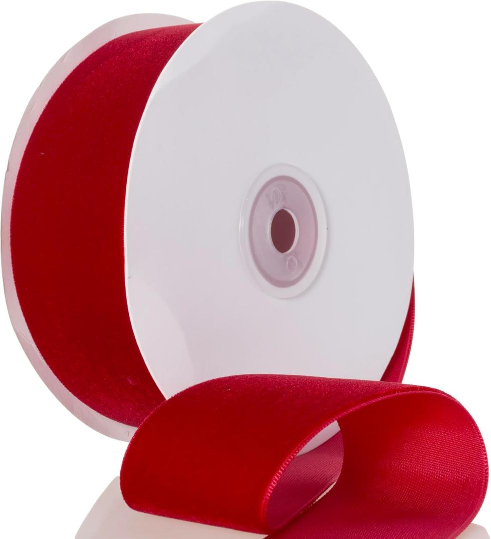 2 x Red Velvet Ribbon - 1 1/2 Inch Wide, 10 Yards Roll - Festive Flocked Ribbon for Holiday Decor, Crafts, and Gift Wrapping