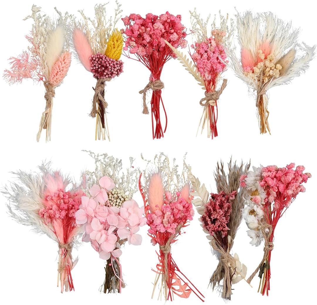 10 Pack Small Dried Flowers for Crafts, Mini Dried Flower Bouquet Floral Centerpieces for Tables, Dried Flowers for Vase Wildflowers, Pink Centerpieces for Tables Flores Naturales for Diy Decor