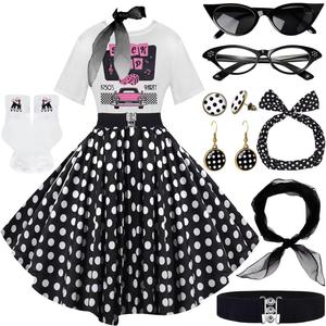 10Pcs Sock Hop Outfits Women, 1950s Poodle Skirts, T-Shirt with 50s Accessories Socks Scarf Headband Belt Earring, M