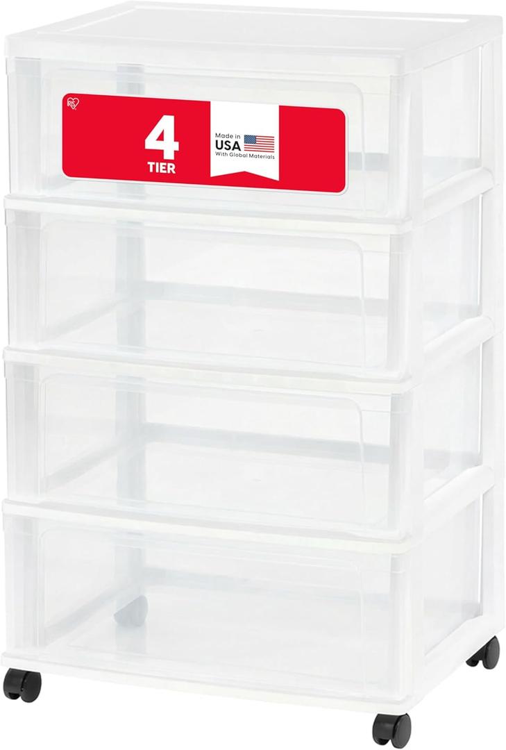 IRIS USA Plastic Drawer Storage Organizer Rolling Cart, with Wheels Casters, 4-Drawers, for Art Craft Supplies Bathroom Dorm Bedroom Laundry Room, Wide, White/Clear