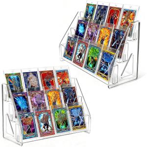 2 Pack 3-Tier Greeting Card Display Stand  Clear Vertical Riser Shelf Rack Holder for Trading Baseball Basketball Sports Graded Game Cards
