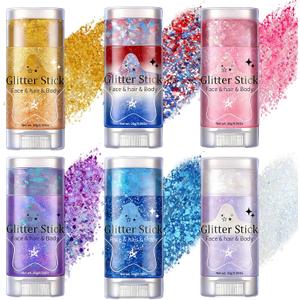 AROIC Body Glitter Stick - 6 Pack Red White and Blue Face & Hair Glitter with Chunky Sequins, 4th of July USA Rave Accessories Sparkling Face Paint with Fruit Scent for Festival Makeup Concert Party