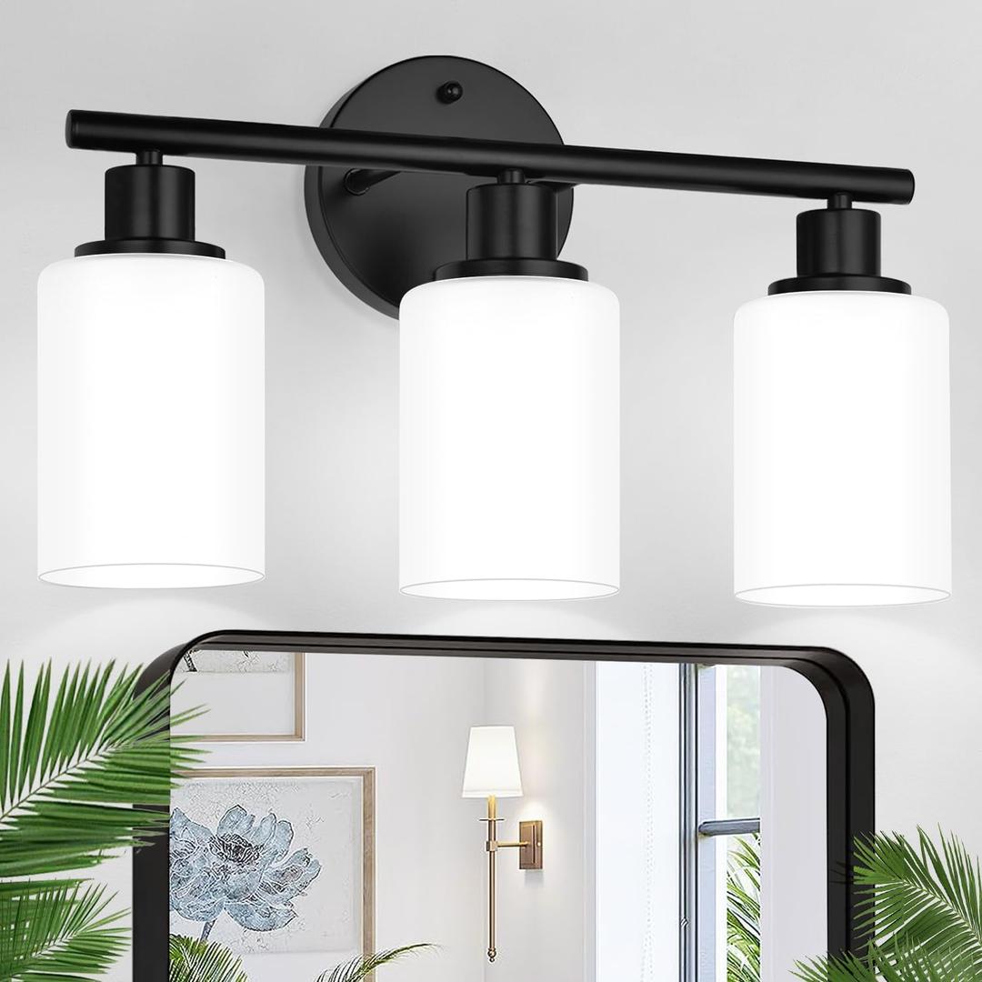 3-Light Bathroom Light Fixtures, Black Modern Vanity Lights with Milky White Frosted Glass Shades, Bathroom Wall Lamp for Mirror Kitchen Living Room Hallway Cabinet Porch