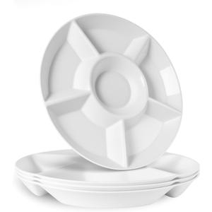 4 Pcs 12.4" Large Divided Serving Trays for Party Supplies, 6 Compartments Round Plastic Platters for Serving Food, Unbreakable Reusable Trays for Snack, Veggie, Fruit, Candy, White