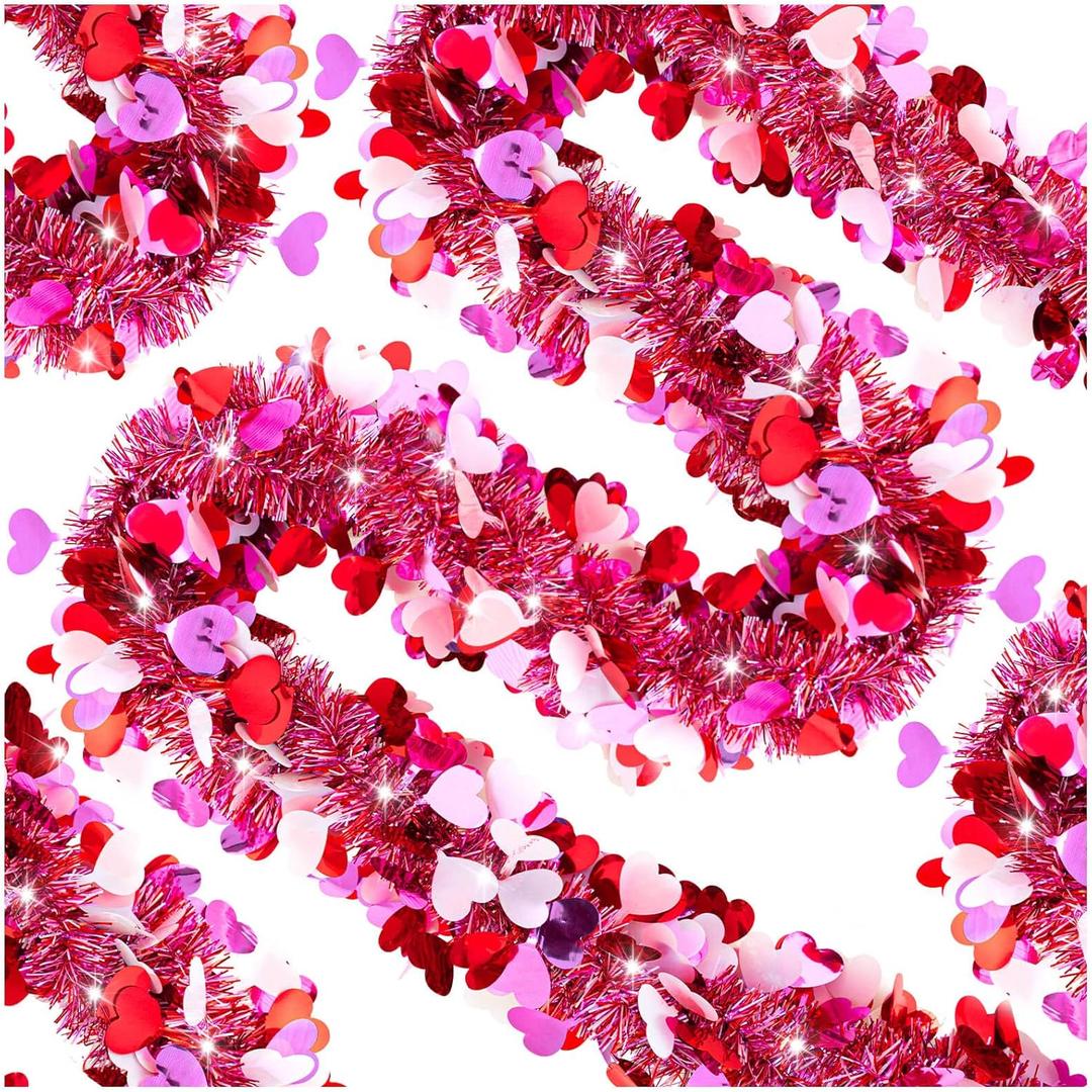 6 PCS Valentine's Day Tinsel Garland, 39.4 ft Heart Metallic Fringe Garlands Valentine's Day Hanging Garland Decorations for for Valentines Party Wedding New Years Home Indoor Outdoor (Red Pink White)