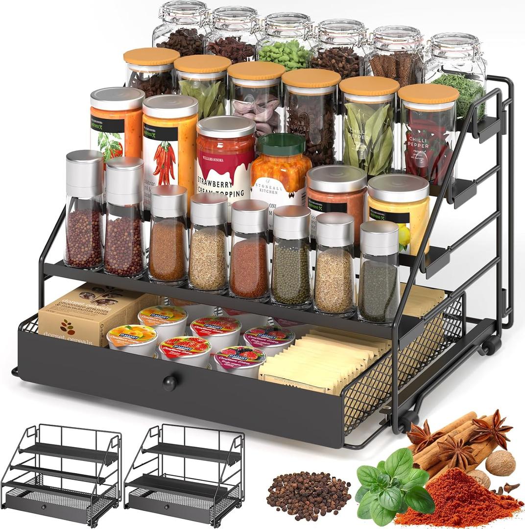 DTUQYX Spice Rack Organizer for Cabinet: 4 Tier Adjustable Spice Rack Organization with Drawer, Depth Metal Shelf for Kitchen Countertop, Cupboard, Pantry, Holds Seasoning and Condiments (Black)