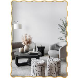 28"x40" Wavy Gold Bathroom Mirror, Wood Framed Waved Edge Accent, Rectangular Wall Decorative Vanity, Farmhouse Irregular for Bedroom Entryway Living Room