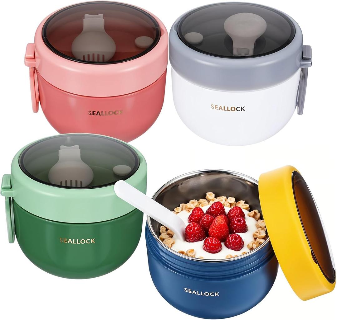 mekueeex 4pcs Overnight Oat Containers with Lids and Reusable Plastic Spoons,20oz Portable Stainless Steel Yogurt Breakfast On The Go Cups, Cups for Cereal,Milk and fruit Salad Storage Container