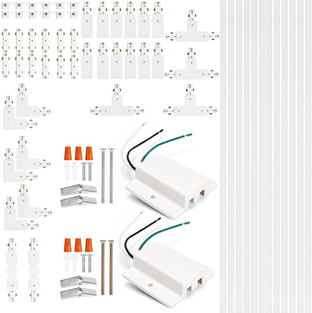 H Track Lighting Rails Kit - iCreating 40ft White Track Lighting Tracks 3 Wire with Floating Canopy Connector, L Connector, I and T Connectors for Single Circuit H Type LED Tracks Light Heads Fixtures