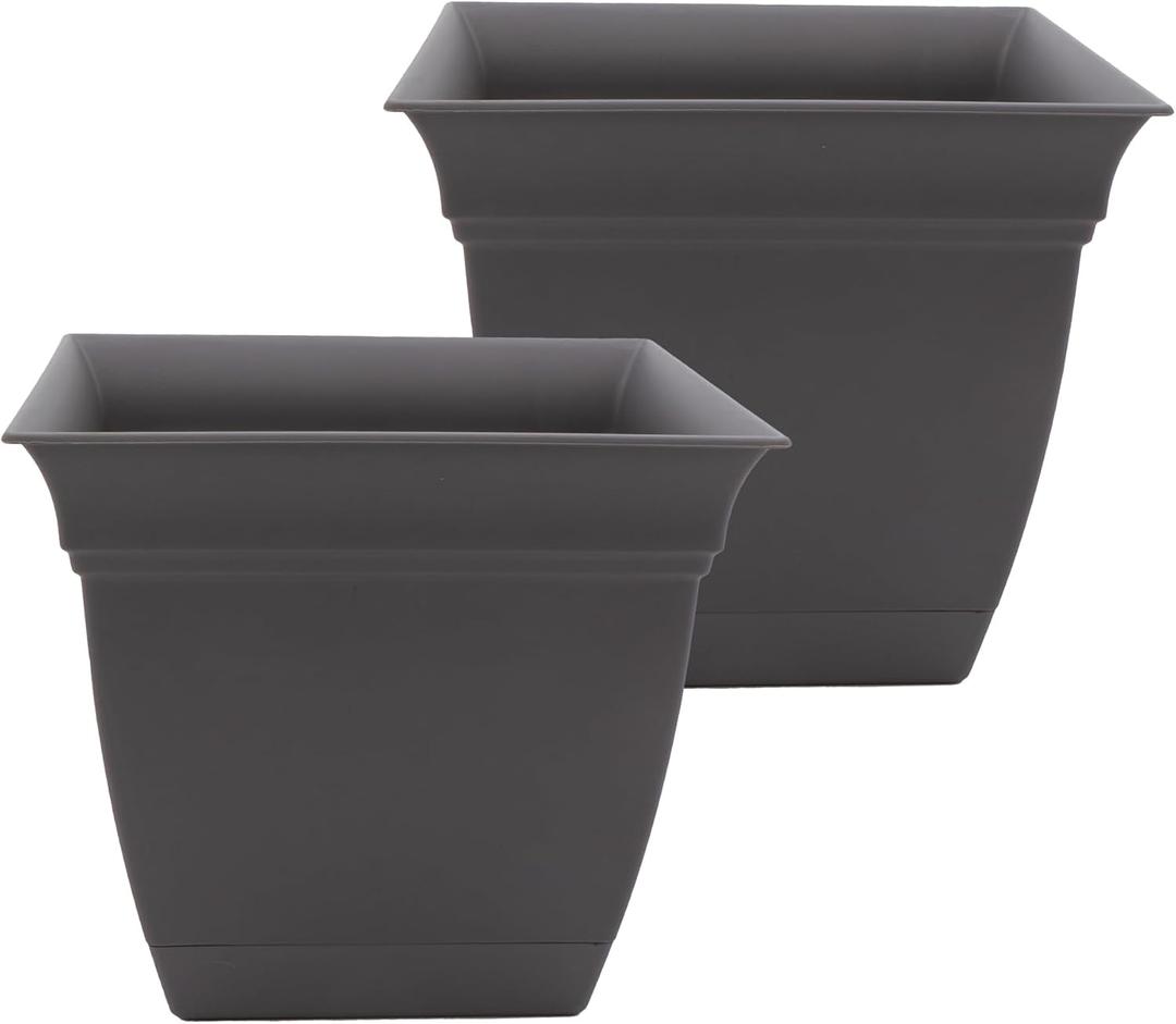 The HC Companies Eclipse Square Plastic Planter w/ Attached Saucer - Outdoor & Indoor Plant Pot with Drainage Holes - Lightweight, UV-Resistant Plastic Pots For Plants (12" Warm Gray, Pack of 2)