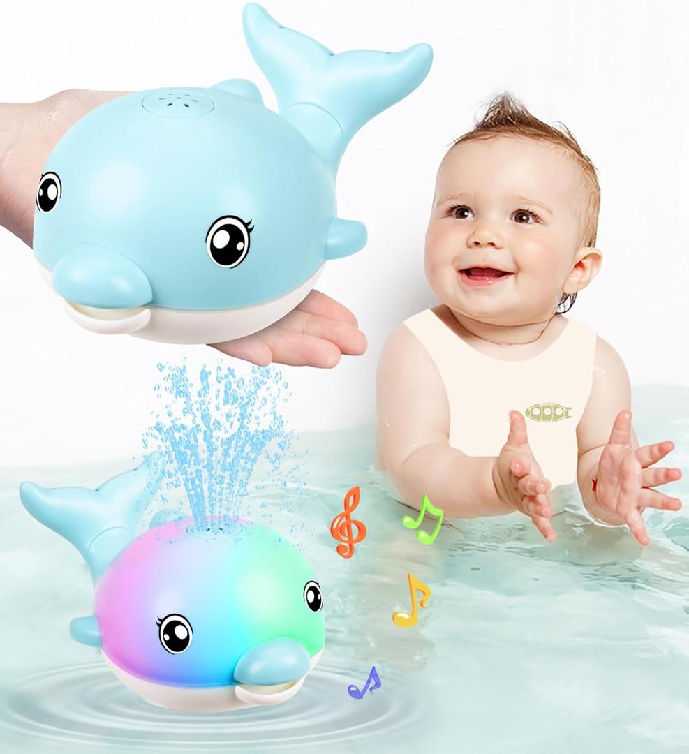 Bath Toys, Rechargeable Baby Bath Toys, Dolphin Sprinkler Bath Toy with Light Up Music,Bathtub Water Toy, Birthday Gifts for 1-6 Years Old Boys Girls - Blue