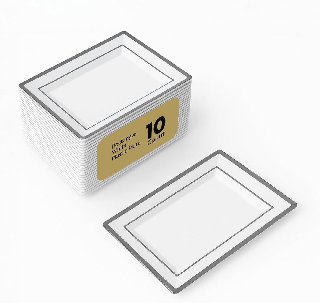 Restaurantware Moderna 12.8 x 8.3 Inch Premium Disposable Plates 10 Rectangular Plastic Plates For Parties - Silver-Rimmed Durable White Plastic Dinner Plates For Warm And Cold Foods