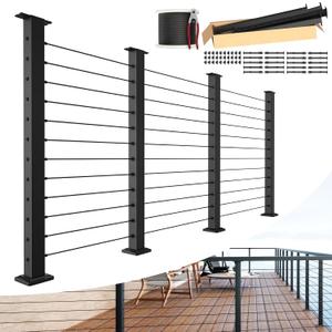BLIKA 12FT-20FT Complete Set 42" Cable Railing Post Kit, Black Level Drilled Cable Railing Post, Swageless Cable Railing System Include 4Pack Level Posts, 1/8" 300FT Stainless Steel Cable(No Handrail)