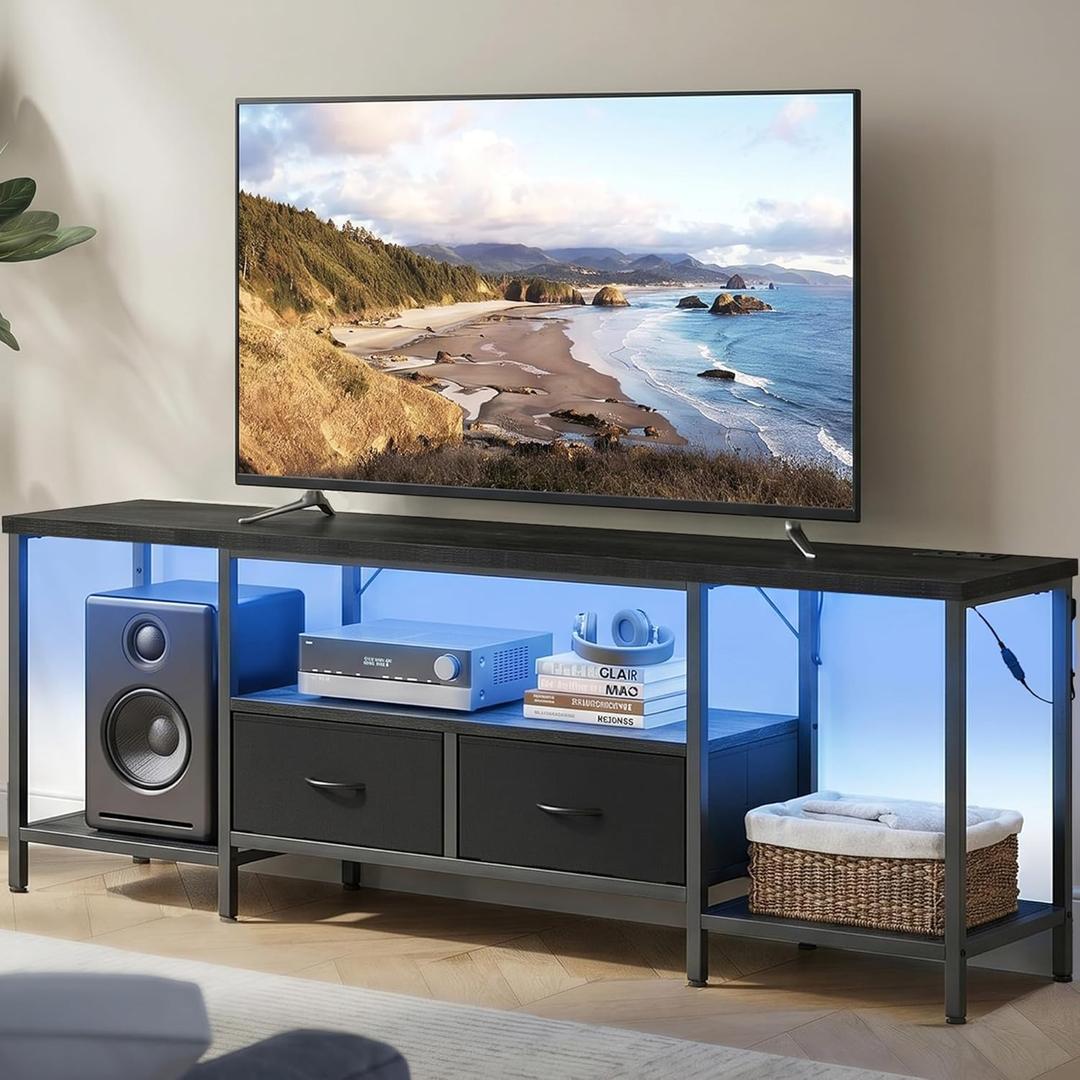 Songmics Bellah Collection - TV Stand with Power Outlets and Lights, Entertainment Center Media Console for TVs Up to 70 Inches, Living Room, Shelves, Drawers, Modern, Ink Black ULGS420B101S