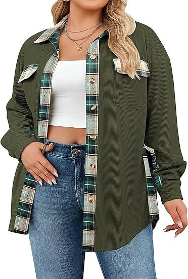 IN'VOLAND Womens Plus Size Corduroy Shacket Jacket Plaid Button Down Shirts Boyfriend Casual Long Sleeves Blouses Tops, 26W
