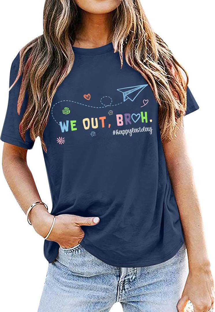 Last Day of School Shirt: Women Teacher Shirts Funny We Out Bruh Graphic T-Shirt Cute Teach Inspirational Short Sleeve Tops (M)