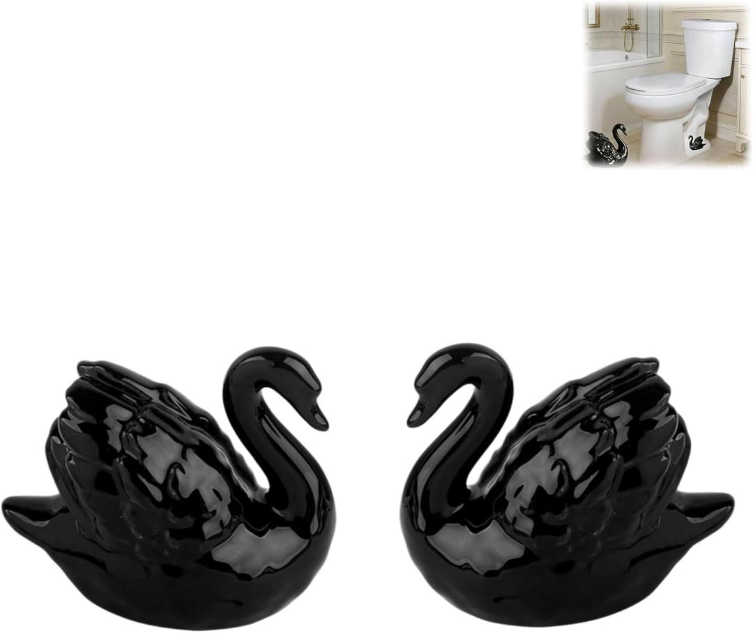Elegant Swan Ceramic Toilet Bolt Caps, Decorative Animal Toilet Bolt Covers for Bathroom, Durable Glossy Porcelain Toilet Bolt Hiders (Black)