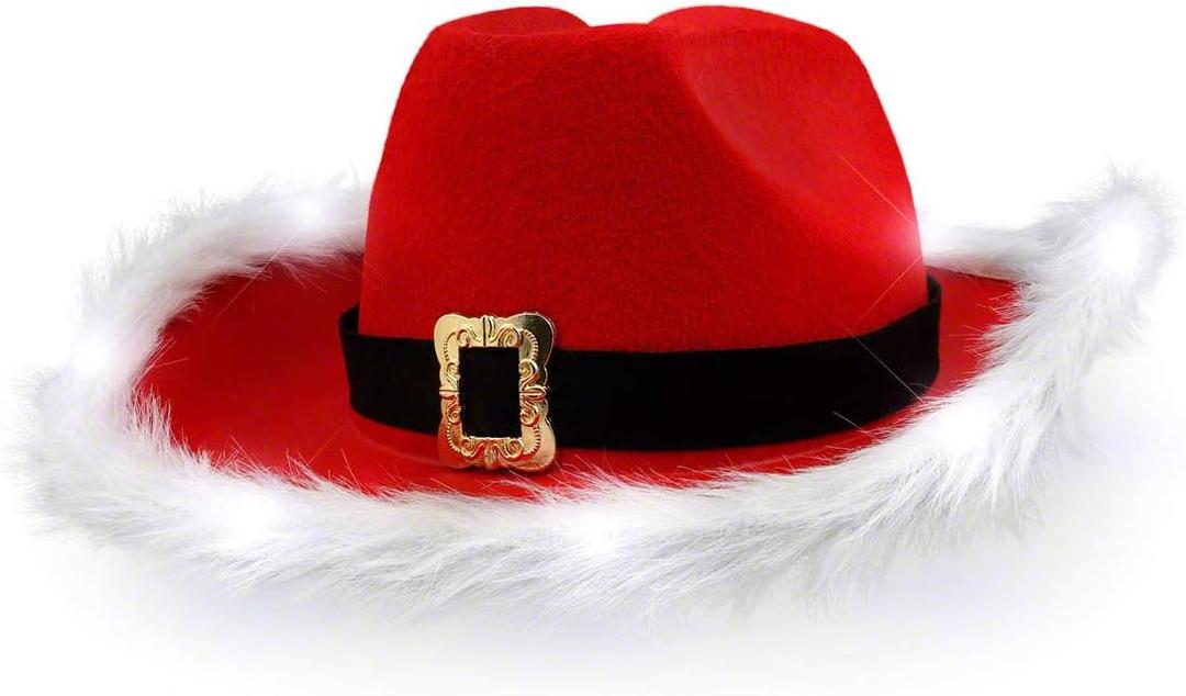 Light Up LED Red and White Santa Claus Christmas Cowboy Hat