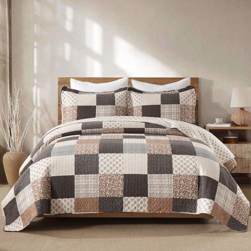 Finlonte 100% Cotton Queen Quilt Set, Farmhouse Plaid Queen Quilted Bedspread, Brown Grey Beige Lightweight Comforter Bedding Set for All Season, 3-Piece, 90x98