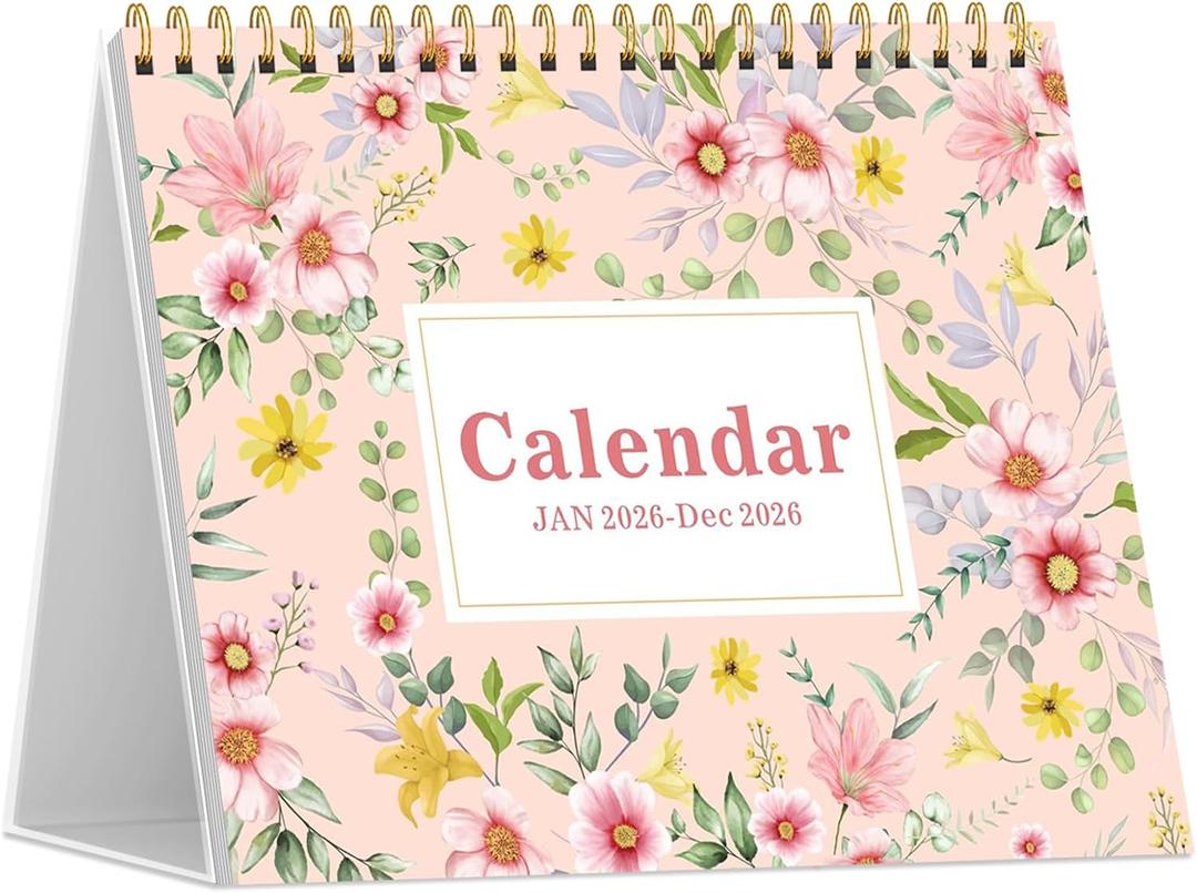 2 x Desk Calendar 2026, Desktop Calendar 2026 Standing Flip Cover 12 Month(January - December), Small Desk Planner with Stickers & Notes for Office Accessories and Home School Supplies, 8" x 6", Floral (Flowers)