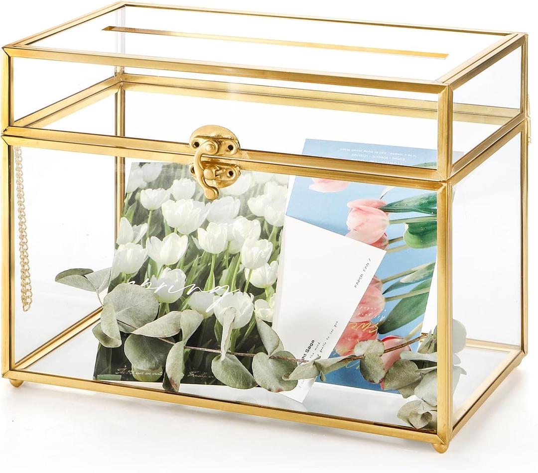 Okllen Glass Wedding Card Box with Lock and Slot, Gold Rim Envelop Box Gift Holder, Vintage Clear Card Box for Wedding Reception, Baby Shower, Birthday, Graduation (Glass Box and Lock Only)