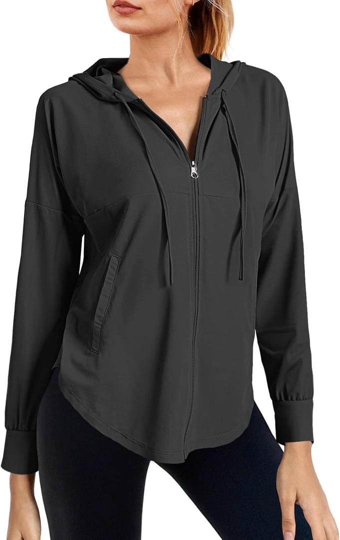 Fisoew Womens Athletic Jacket Hoodie Zip Up Cropped Lightweight Jackets UPF 50+ Sun Protection Long Sleeve Workout Shirt, Small