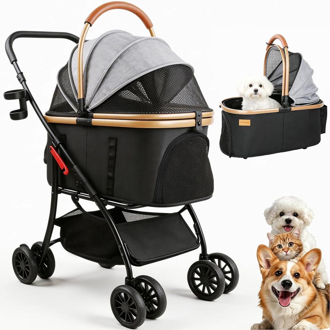 Pet Stroller for Small Medium Dogs & Cats 3-in-1 Detachable Carrier, Zipperless Entry, Lightweight Folding Travel Stroller with Storage Basket, Cup Holder, Gray