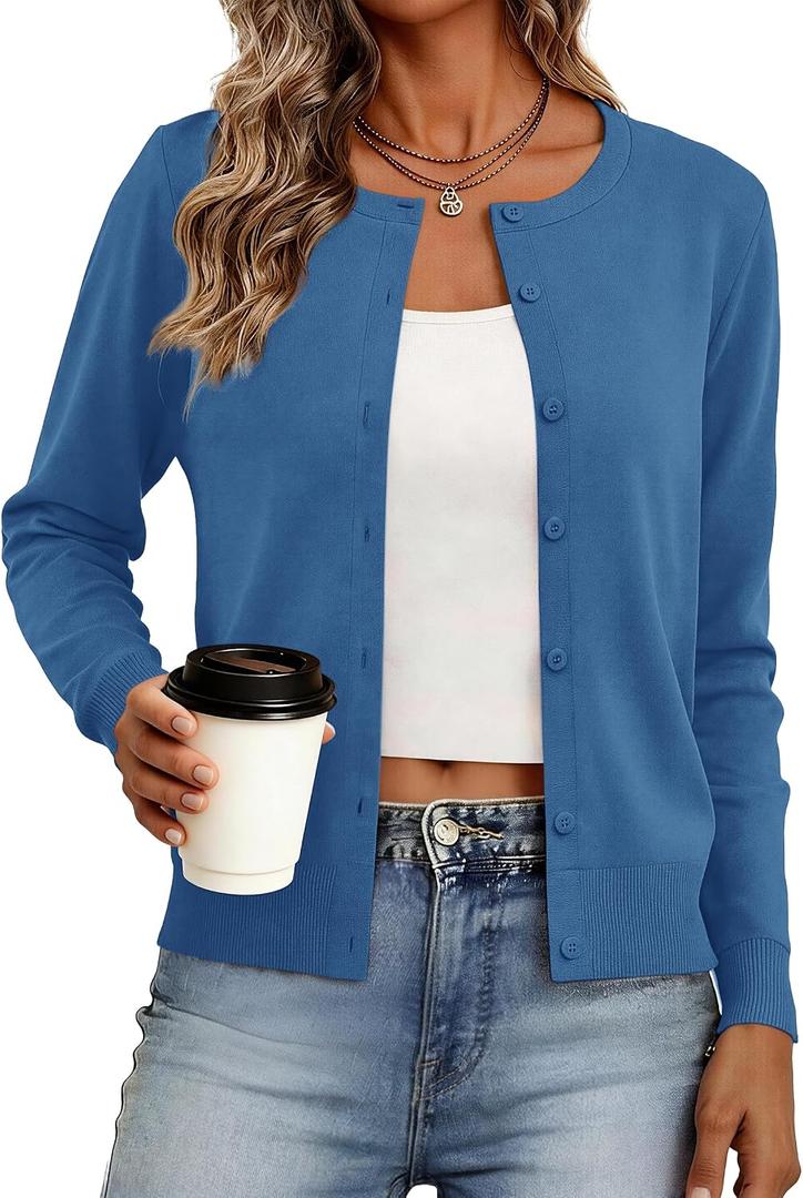 Women's Cardigan Sweaters Lightweight Crew Neck Button Down Long Sleeve Spring Outfits Fashion Clothing 2026 (Blue, M)