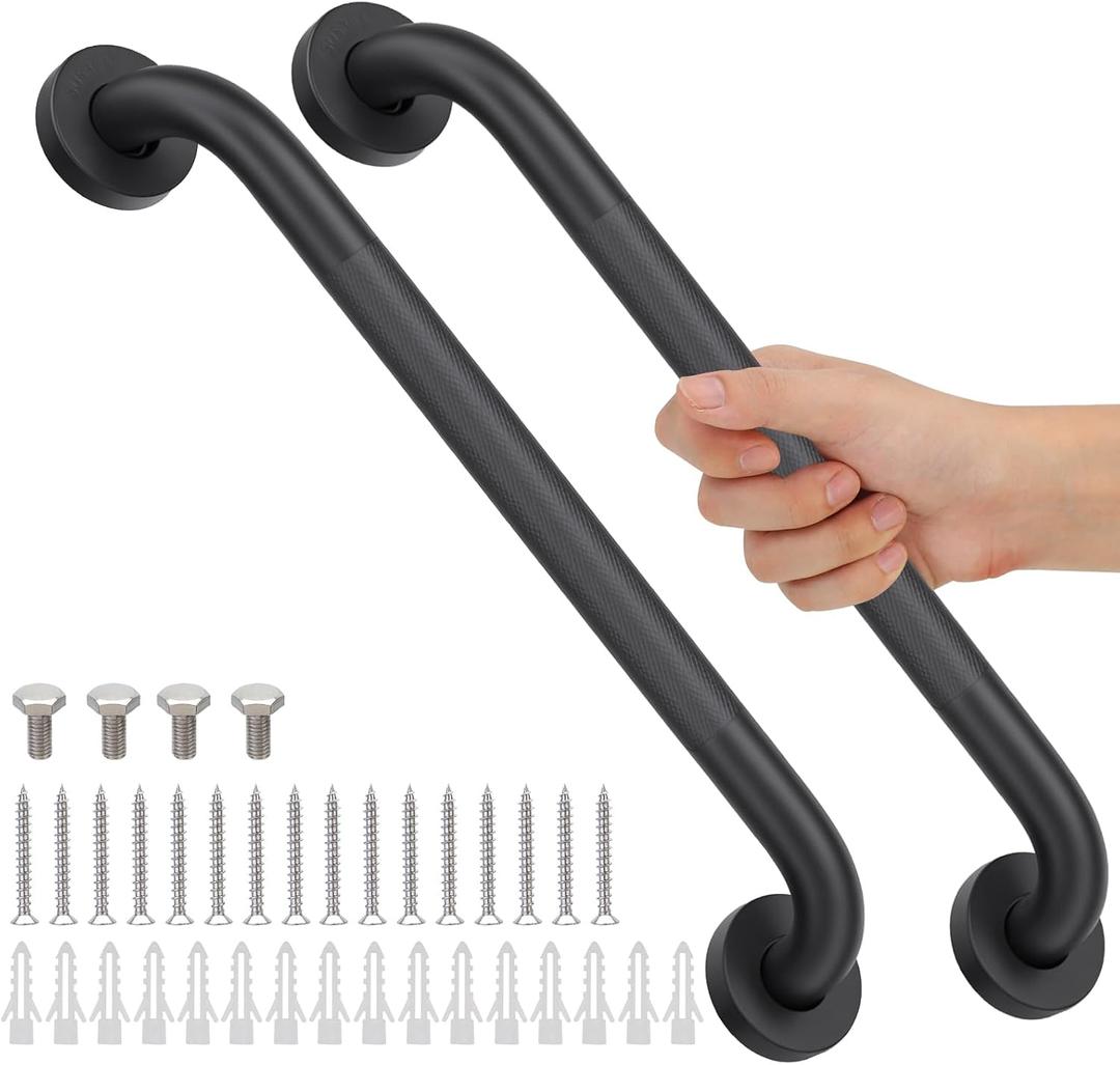 2 Pack 16 Inch Shower Grab Bars for Seniors Bathroom, Black Stainless Steel Safety Support Handles for Shower, Anti Slip Grab Bar for Bathroom, Handicap Elderly Injury Pregnant Assist Bath Handle