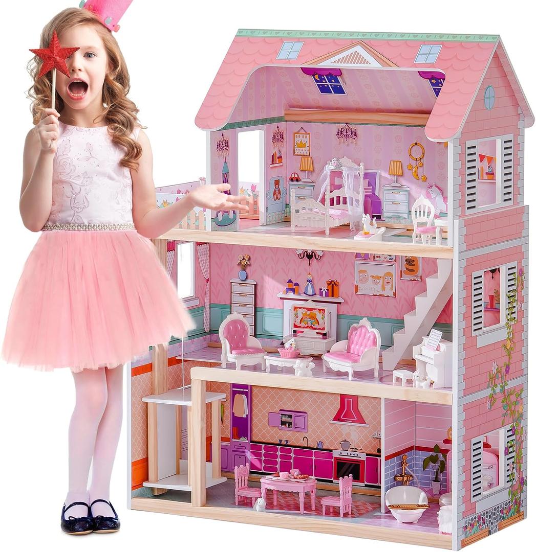 ROBOTIME Wooden Dollhouse, Doll Houses Playset with 24 Pcs Furniture for 4, 5, 6-Inch Dolls, Dollhouse Gift for 3+ Year Old Girls (Pink), One Size