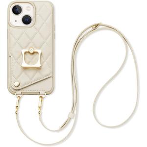 JLFCH ROMIELA Crossbody case for iPhone 15 with Stand Card Holder Strap Lanyard 360°Rotation Finger Ring Kickstand for Apple iPhone 15, 6.1 inch - Beige