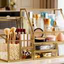 Tempered Glass Makeup Organizer with Gold Heart Shaped Metal Frame, Large Cosmetic Storage Drawer Cabinet, Dustproof Vanity Display Case for Lipstick Makeup Brush Skincare, 8.46"D x 5.91"W x 12.01"H