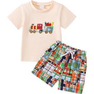 Toddler Boy Back to School Outfit First Day of School Shirt+Striped Shorts Summer Clothes Set (4-5T, Colorful)