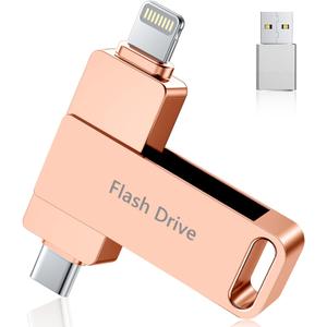 (No APP Required) MFi Certified iPhone Photo Stick, USB Flash Drive 512GB for Photo/Video Backup, 3 in 1 iPhone Memory Stick, High-Speed Thumb Drive Compatible for iPhone/iPad/Android/PC Pink