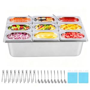 Ice Cooled Condiment Serving Container 9 Pans (9Pans×1Qt & 1 Pan×4Qt) with Ice Packs for Salad Sauce Cold Serving Tray Food Cooler for Parties Buffet