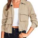 Onedreamer Women's Military Safari Cropped Jackets Button Down Lightweight Oversized Utility Anorak Coat with Pockets (Beige, Small)