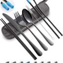 Travel Utensils Set with Case Reusable Portable Cutlery Set Stainless Steel 8pcs Including Dinner Knife Fork Spoon Chopsticks straws(Black)