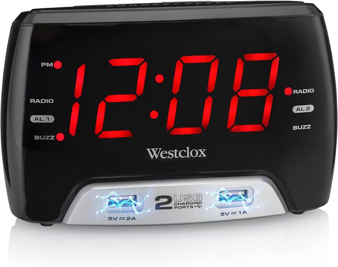 Westclox Large 1.4 Red LED Digital FM Clock Radio with Dual USB A & C Charging Ports, Adjustable Brightness, Dual Alarms & Sleep Timer  Modern Alarm Clock for Bedroom, Home, or Office (Black)