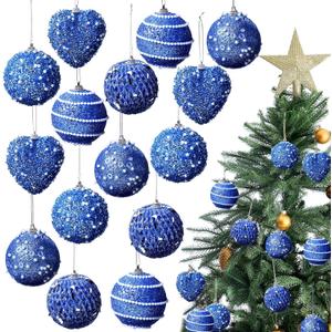 24 Pcs Sequin Christmas Blue Balls Ornaments Heart Ornaments Xmas Ball Decorations Shatterproof Hanging Pearl Balls for Christmas Holiday Wedding Party