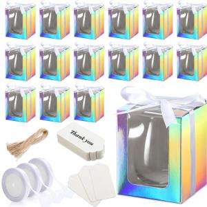 Fulmoon 50 Pack Gift Boxes for Wine Glass Transparent Gift 9 oz Stemless Glass Paper Packaging Box with Ribbon Tag Hemp Rope for Wedding Bridal Shower Baby Shower Birthday(Laser Color)