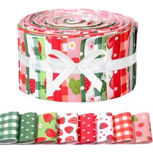 40Pcs Strawberry Cotton Fabric Strips Spring Summer Fruit Stripes Fabric Bundles for Red Green Plaid Quilting Crafting Precut Patchwork Gift Sewing DIY Crafts