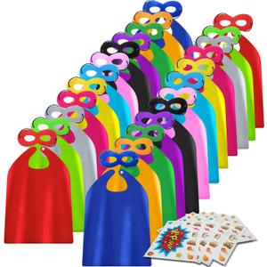ADJOY Kids Superhero Capes and Masks 24 Sets Pack with Large Stickers - Superhero Themed Birthday Party Capes