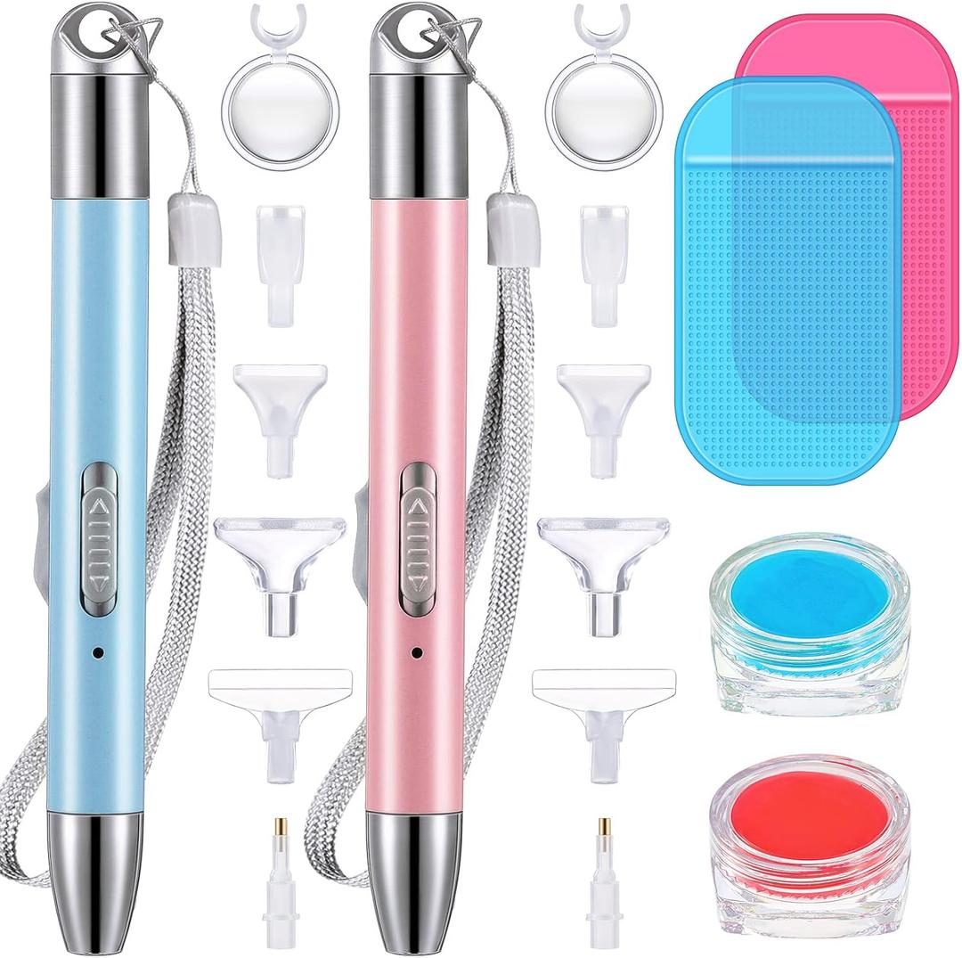 Chuangdi 2 Pcs Diamond Painting Art Drill Pen with Light Diamond Painting Accessories and Tools 12 Pen Heads 2 Anti-slip Mats 2 Wax Organizer Cases for DIY Craft Supplies(Blue, Pink)