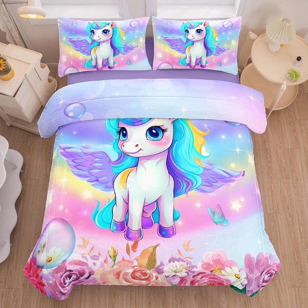 5PCS Unicorn Comforter Sets,Girls Bedding Sets,Unicorn Bedding Sets,Full Comforter Set for Girls(Unicorns Bed Sets with Sheets)