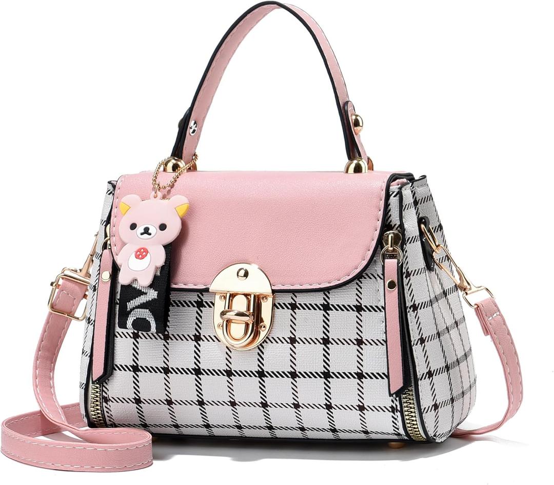 Xiaoyu Small Purses and Handbags for Women Fashion Teenage Girls Crossbody Bag Lightweight Shoulder Bag Plaid Pattern Satchel (Pink)