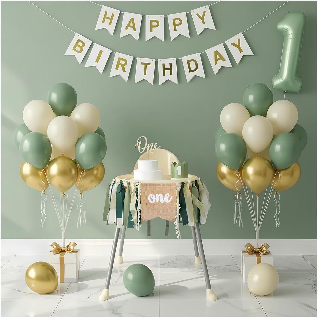 First Birthday Decorations - Complete Party Set with High Chair Banner, Number 1 Balloon, One Cake Topper, Crown, Balloons & Birthday Banner(Green)